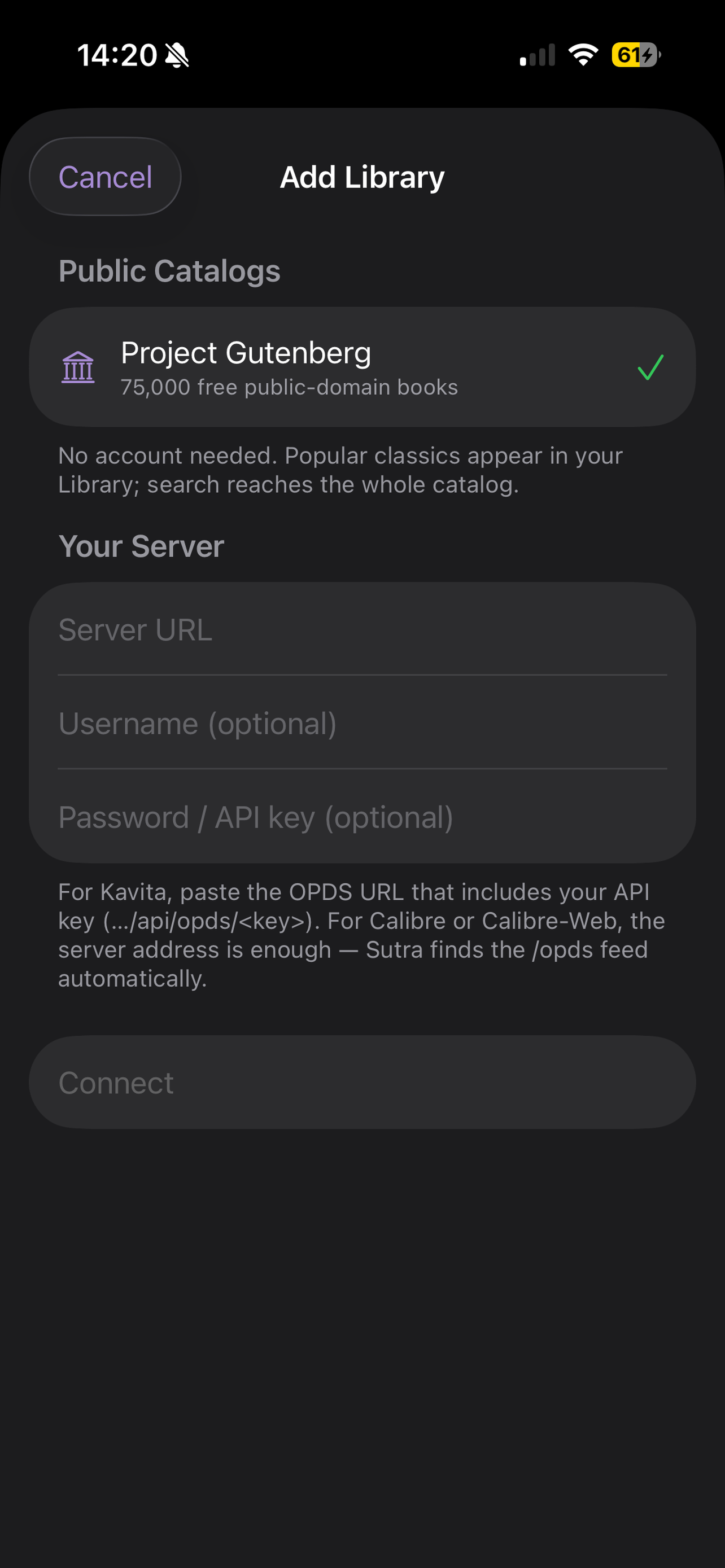 Connecting an OPDS server